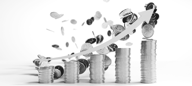 Stacks of coins rising along an upward arrow